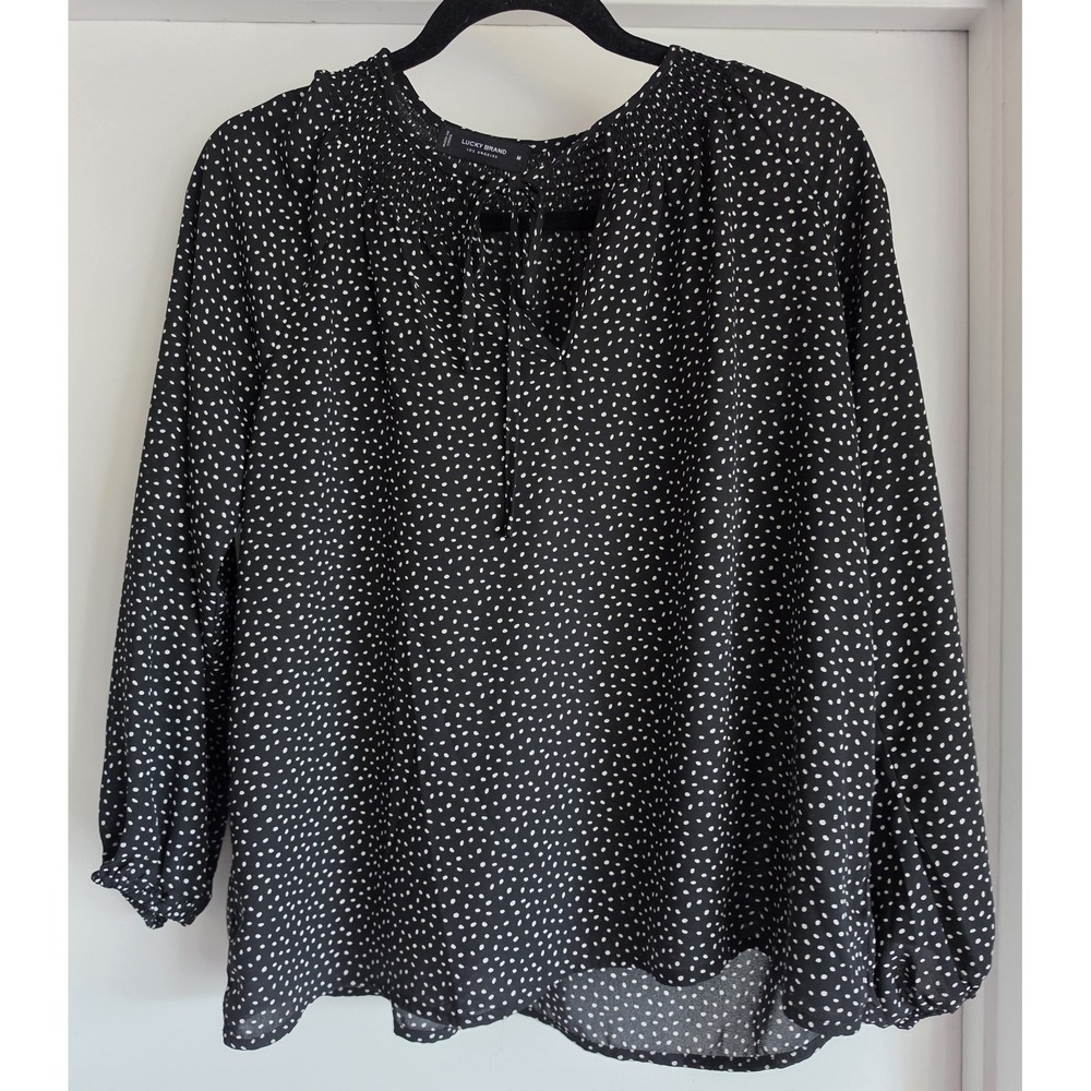 Lucky Brand Blouse M Black White Polka Dot Long Sleeve Split Neck Top Shirt